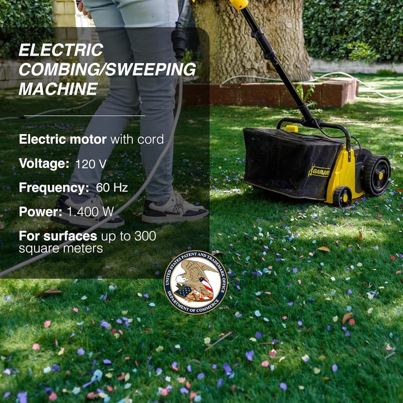 Artificial Turf Sweeper by Roll & Comb, Corded Electric Lawn Rake for Artificial Grass, Cool Gardening Gift, 25 Liter Leaf Collector, Model 302e, 19.8lb.