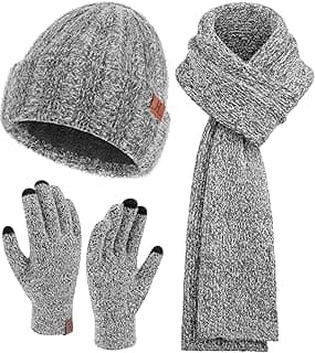 Womens Winter Warm Knit Beanie Hat Touchscreen Gloves Long Neck Scarf Set with Fleece Lined Skull Caps Gifts for Women