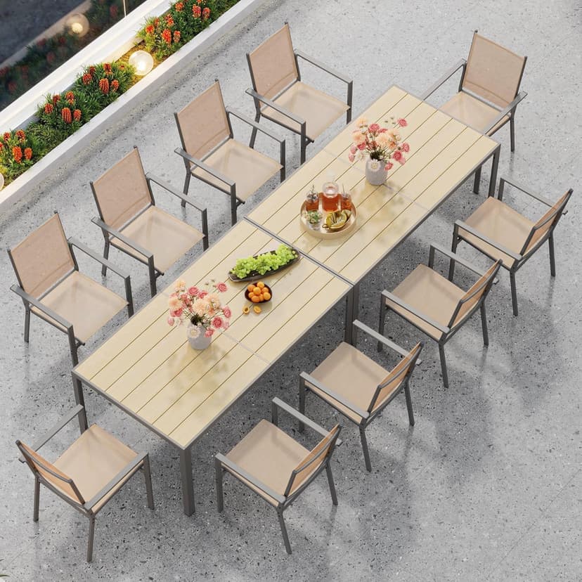 Ahomly Patio Table and Chairs Set for 6, Outdoor Dining Set Includes 59.5" Rectangle Patio Table with Side Umbrella Hole and 6 Textilene Fabric Patio Chairs for Backyard, Courtyard, Poolside, Brown
