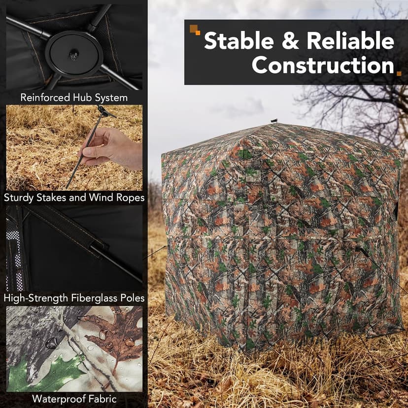 Tangkula Extra Tall 3-4 Person Hunting Blind, 270 Degree See Through Ground Blind with Silent Slide Windows, Zippered Door, Carry Bag, Pop Up Deer Blind for Turkey Hunting, Camouflage