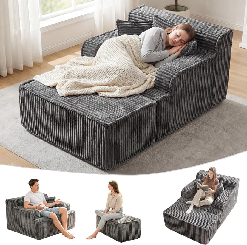 Chaise Lounge Chair Indoor,Boneless Chair with Ottoman,Comfy Reading Chair for Adults,Small Sofa Bed Couch for Living Room,Single Sleeper Chair Bed,Grey