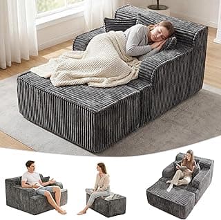 Chaise Lounge Chair Indoor,Boneless Chair with Ottoman,Comfy Reading Chair for Adults,Small Sofa Bed Couch for Living Room,Single Sleeper Chair Bed,Grey