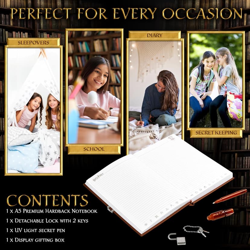 Harry Potter Lockable Diary with UV Invisible Ink Pen for Kids, Teens, Secret Journal with Key, Lined Pages, Stationery Supplies, Gifts for Kids (Brown UV Pen) B07WQY5HWP