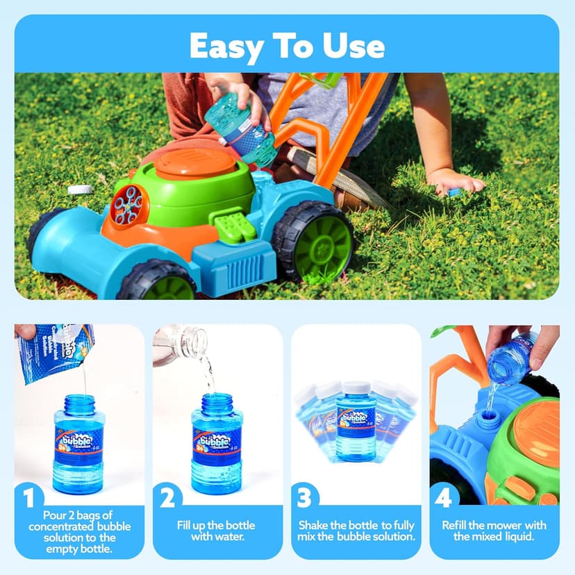 SLOOSH Bubble Lawn Mower Toddler Toys - Spill-Proof Bubble Machine Pretend Gardening Play Toy for Age 1 2 3 1-3 Year Old Baby Boys Indoor Outdoor Use, Push Toys Xmas Christmas Birthday Gifts (Blue)