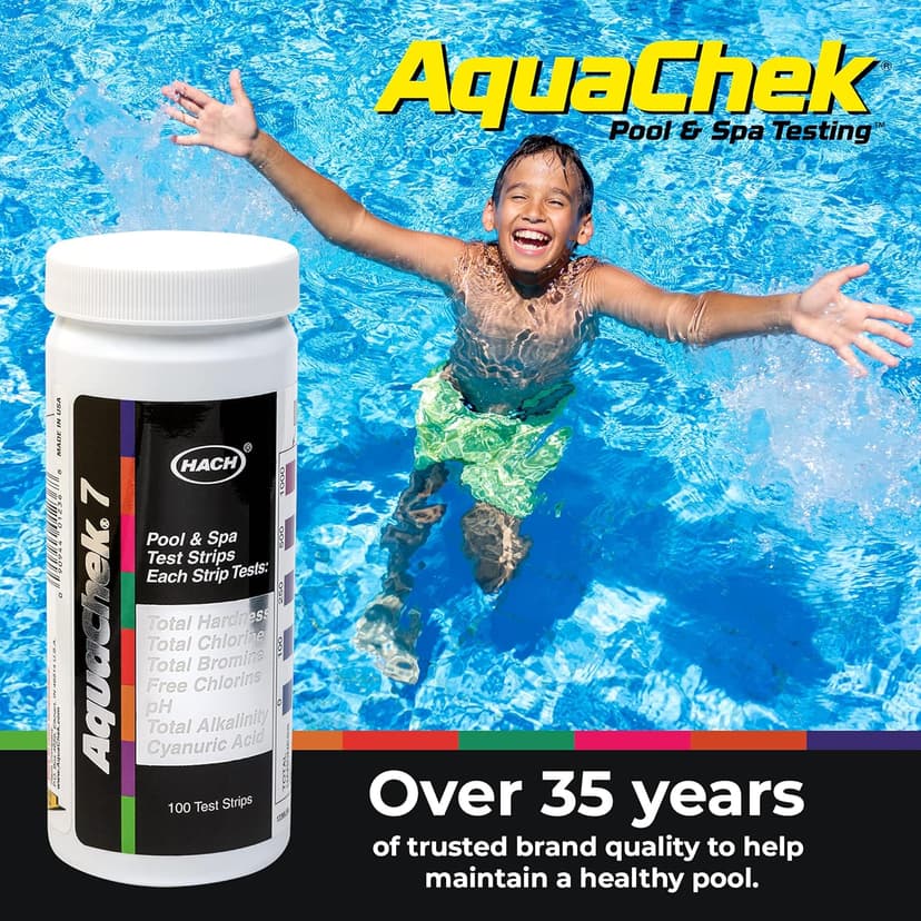 AquaChek 7-Way Pool and Spa Test Strips - Silver Pool Test Strips For pH, Total Chlorine, Free Chlorine, Bromine, Alkalinity, Total Hardness, and Cyanuric Acid - Water Quality Testing Kit (100 Strips)