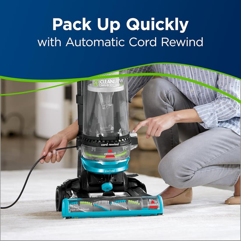 Bissell 2254 CleanView Swivel Rewind Pet Upright Bagless Vacuum, Automatic Cord Rewind, Swivel Steering, Powerful Pet Hair Pickup, Specialized Pet Tools, Large Capacity Dirt Tank, Teal