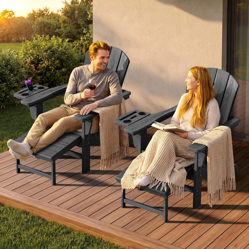 KINGYES Adjustable Folding Adirondack Chair with Footrest & 4-in-1 Multi-Functional Armrest Organizer Set of 4, HDPE Foldable Recliner Adirondack Chair with Pull-Out Ottoman, Grey