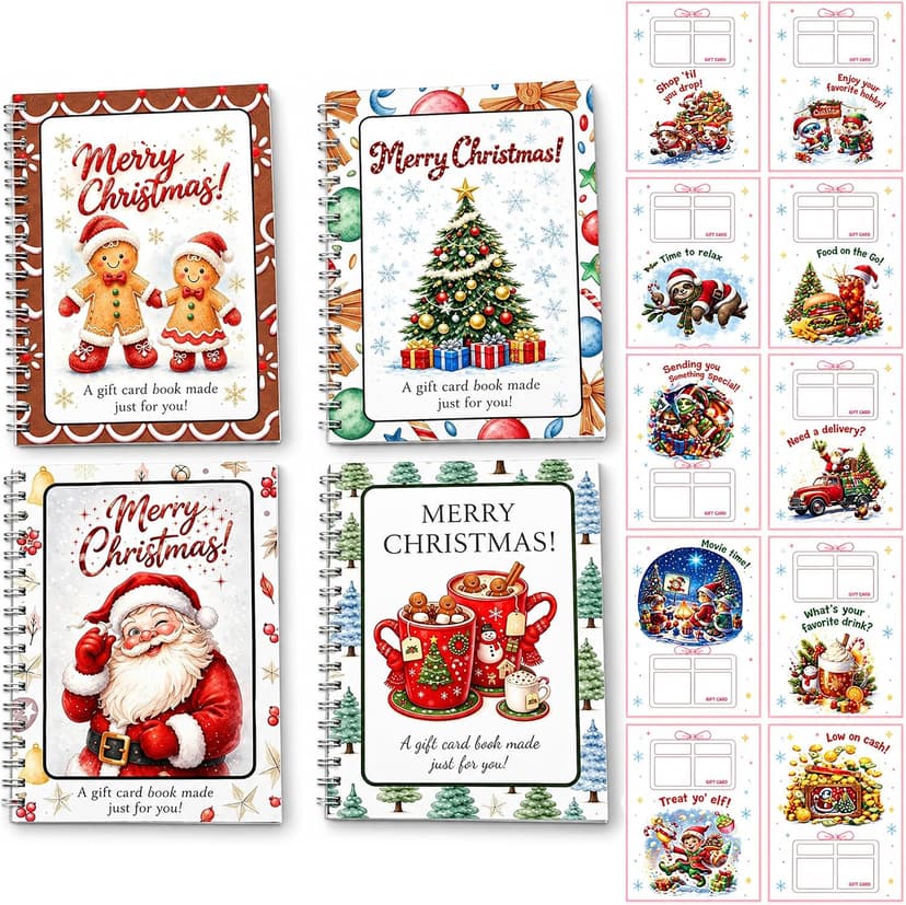 4 spiral-bound Christmas gift card books in 4 designs; each has 10 interior sheets plus front and back covers. DOTH Christmas Gift Card Book, 4 Pack, Spiral Bound for Holiday Gift Giving B0HJCRRFKL