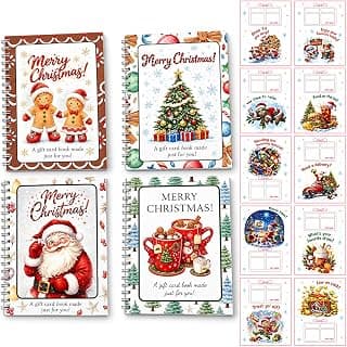 4 spiral-bound Christmas gift card books in 4 designs; each has 10 interior sheets plus front and back covers. DOTH Christmas Gift Card Book, 4 Pack, Spiral Bound for Holiday Gift Giving B0HJCRRFKL