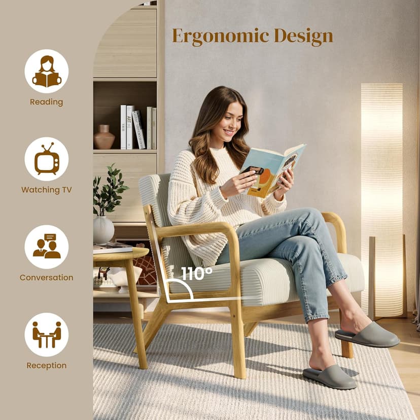 Yaheetech Accent Chair for Living Room, Corduroy Mid Century Modern Reading Armchairs with Lumbar Pillow for Bedroom, Decorative Sofa Chair for Adult Beige/Set of 1