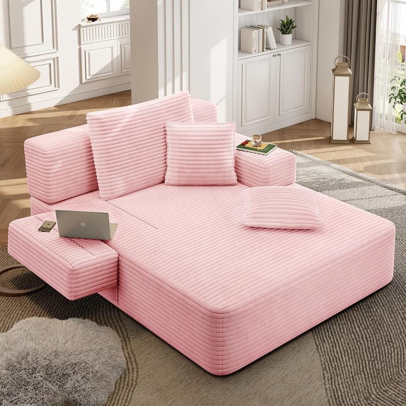 2 in 1 Corduroy Chaise Lounge Chair Indoor, 60'' Oversized Boneless Sofa Chaise Lounge with Pocket, Plush Cozy Deep Seat Couch Chair for Living Room, Bedroom, Small Spaces, RV (Pink)