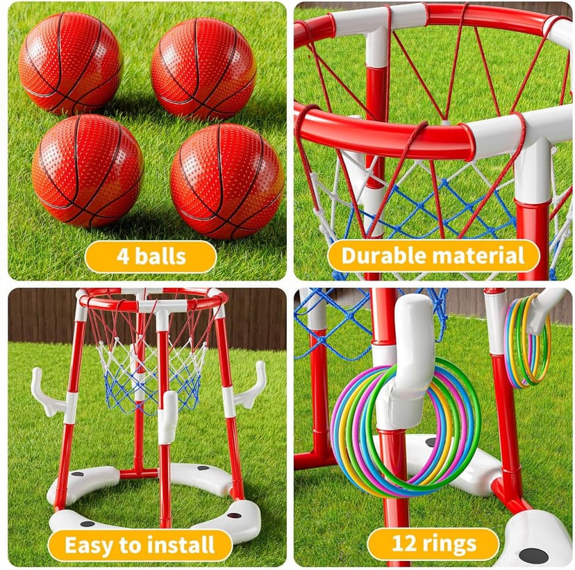 Pool Basketball Hoop, 2-in-1 Floating Pool Toys Ring Game with 4 Balls and Pump, Outdoor Swimming Pool Basketball Games Water Play Toy Family Party for Kids Adults Age 3-12 (Red)