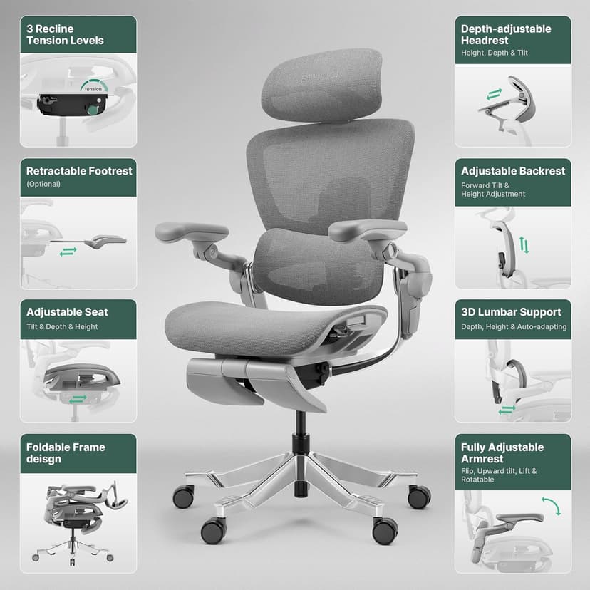 HINOMI H2 Pro Premium Ergonomic Office Chair - Comfy Home Office Desk Computer Chair with Adjustable Back Support, Swivel Wheels, Flip-up Arms, Comfortable Mesh Seat for Desk Work (Gray)