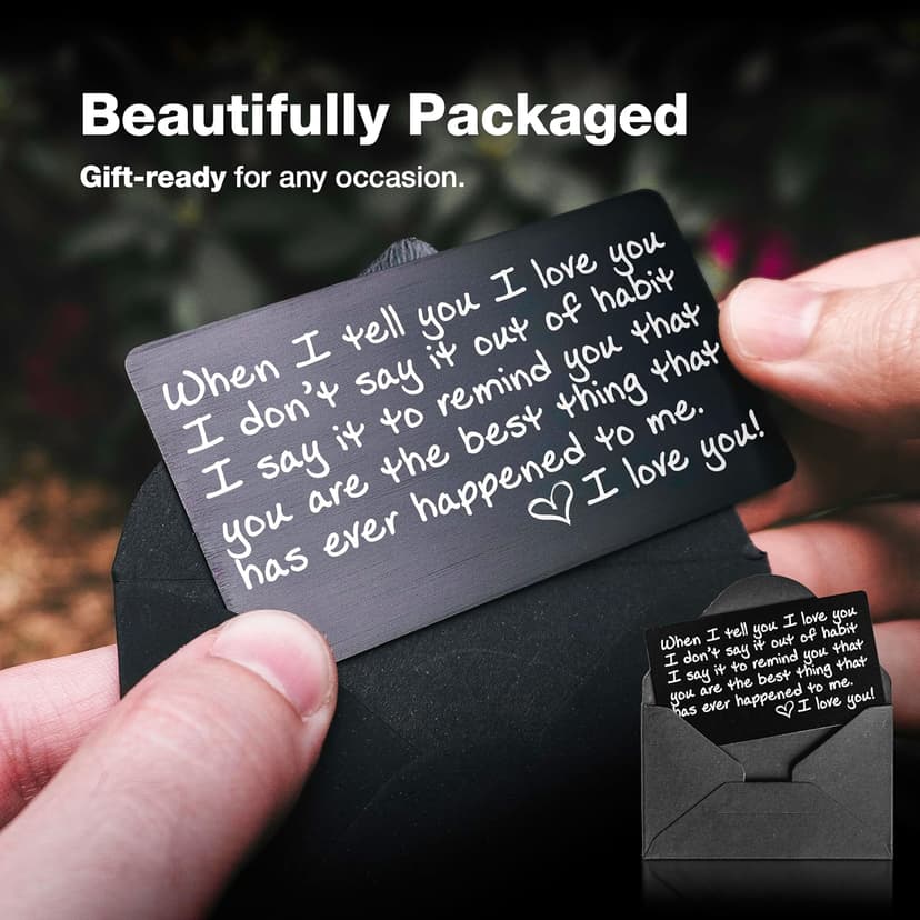 I Love You Card for Wallet – Surprise Gift for Him or Her - Voted Best Love Gift for Men or Women - Engraved, Durable, and Stays in Their Wallet Forever - Black Envelope Included