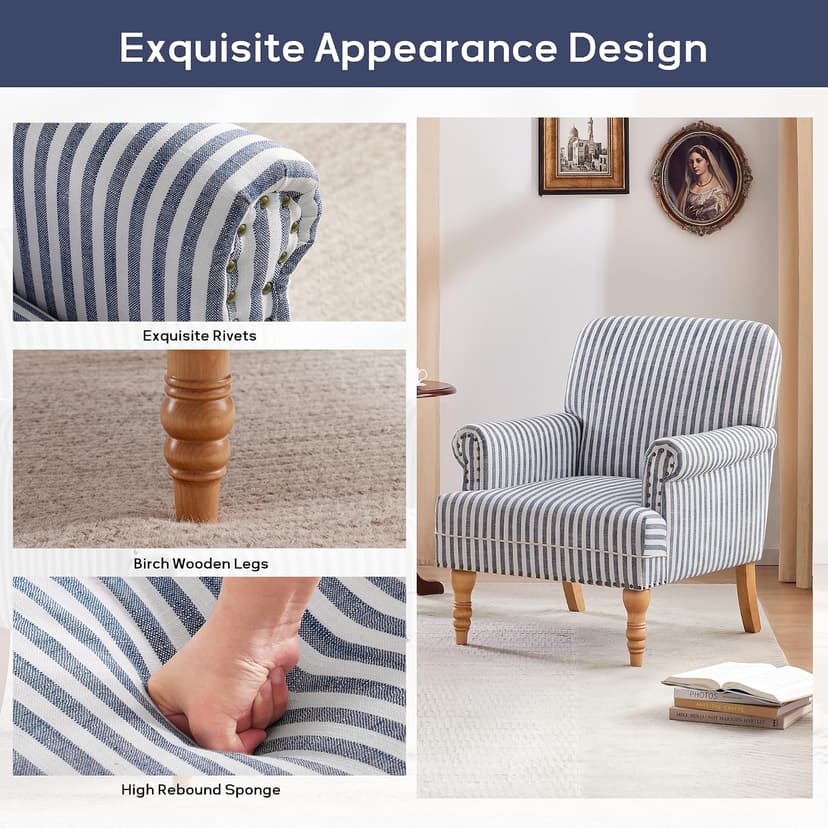 HUIMO Linen Fabric Accent Chair, Mid-Century Modern Armchair with Solid Wood Legs, Single Sofa Chair,Upholstered Reading Club Chair (1, Dark Blue and White Stripe)
