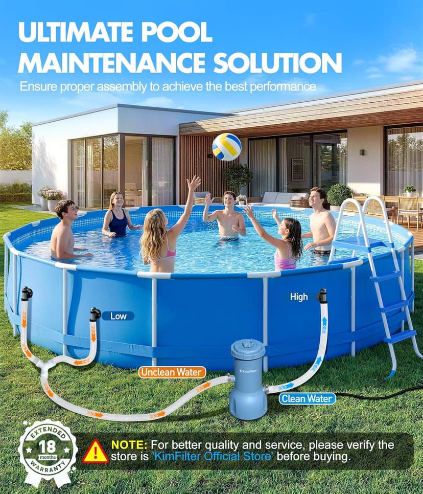 KimFilter Pro Series 1000 GPH Above Ground Pool Filter Pump, Powerful Pool Cartridge Filter Pump, Water Circulation and Filtration System -Improved Water Clean & Clarity, Pools Pumps Above Ground-Gray