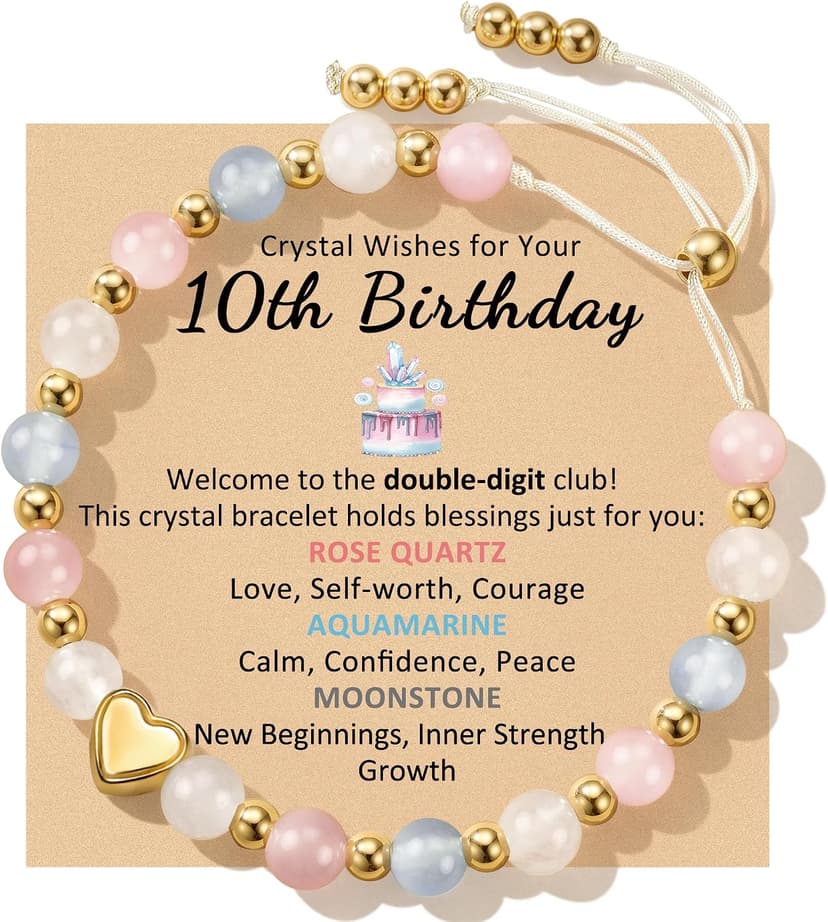 Natural Healing Crystal Bracelets, Aquamarine Moonstone Rose/Clear Quartz Adjustable Beaded Bracelet, Gifts For Teen Girls Sereney Birthday Gifts for Girls, 9-18 Year Old Birthday Crystal Bracelets B0GS1K1FNR