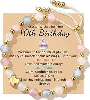Natural Healing Crystal Bracelets, Aquamarine Moonstone Rose/Clear Quartz Adjustable Beaded Bracelet, Gifts For Teen Girls Sereney Birthday Gifts for Girls, 9-18 Year Old Birthday Crystal Bracelets B0GS1K1FNR