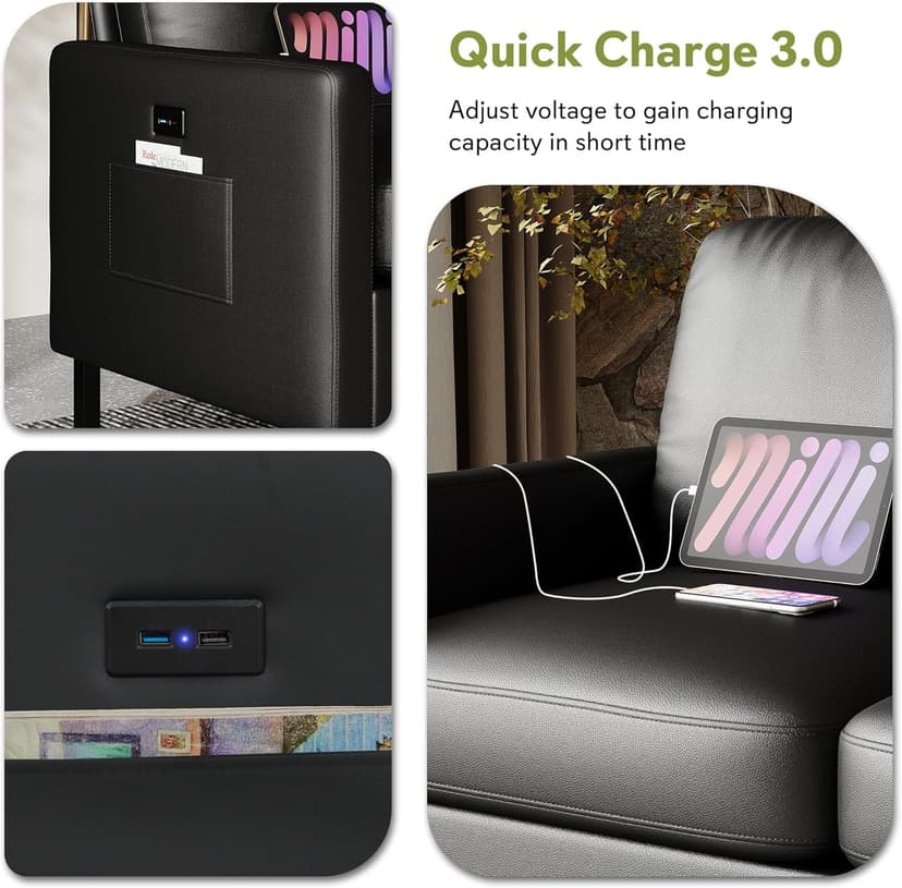 STHOUYN 72" W Faux Leather Black Sofa 3 Seat Couch, Modern Comfy Couch with 2 USB, Small Couches for Living Room Apartment Bedroom Small Spaces, Office(Black (Sofa))