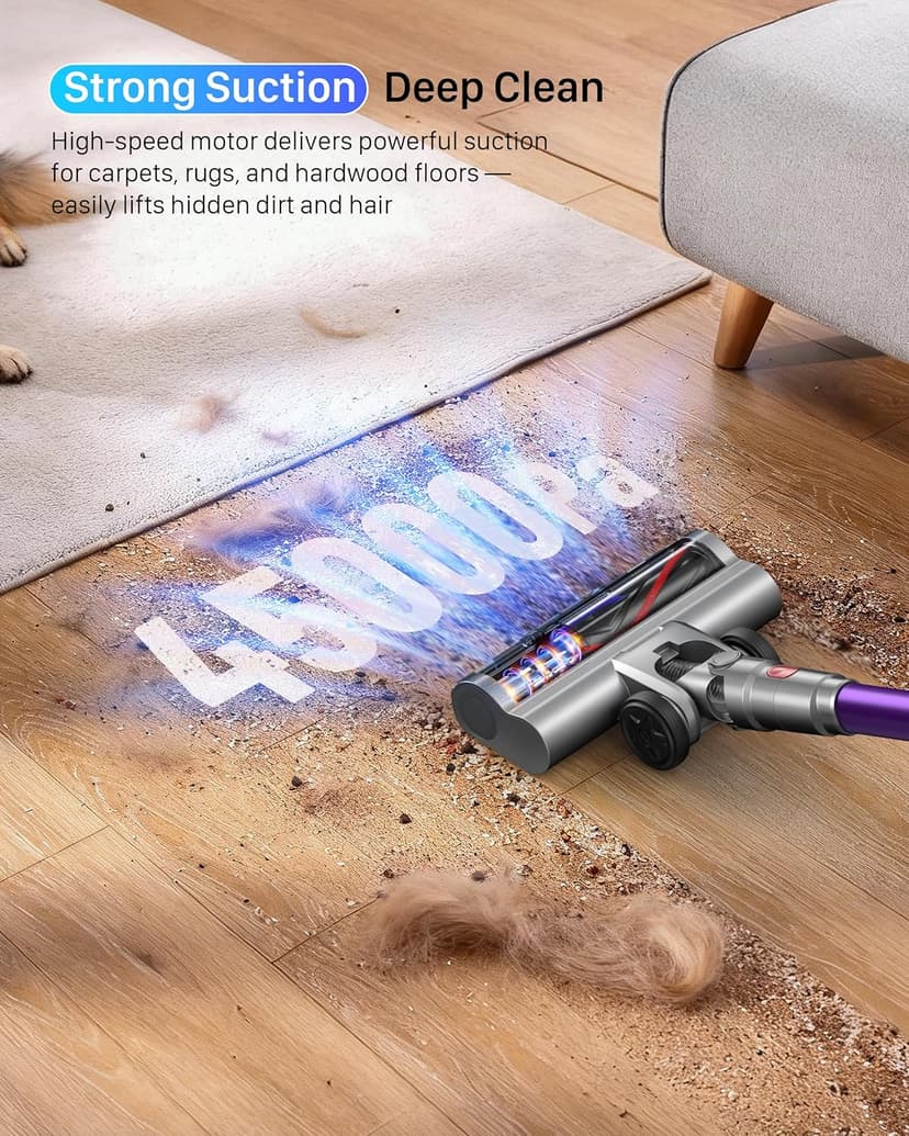 Cordless Vacuum Cleaner - Powerful Stick Vacuum with HEPA Filter, 55-Min Runtime, LED Light, Anti-Tangle Brush, Detachable Battery, Lightweight for Home, Pet Hair, Carpets & Hard Floors