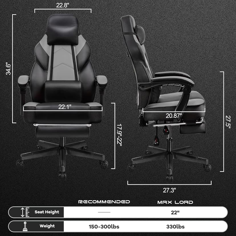 Gaming Chair for Adult, Computer Chair with Footrest Video Game Chair Big and Tall Gaming Chair with Massage Lumbar Support, Adjustable Height and 360° Swivel Seat(Grey)