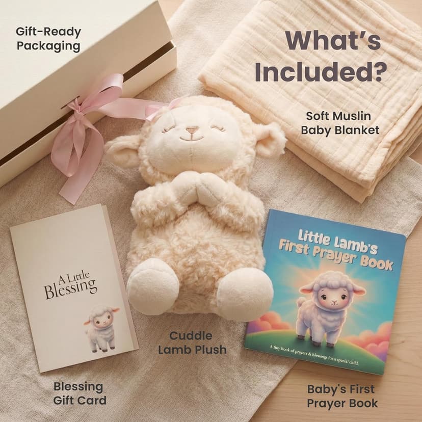 Ready-to-Gift Box: 10" Praying Lamb Plush with Pink Bow, Bamboo Muslin Blanket, First Prayer Book & Card. Baptism Gifts for Girl - Christening & Dedication 5-Piece Keepsake Set B0GHZRX7RP
