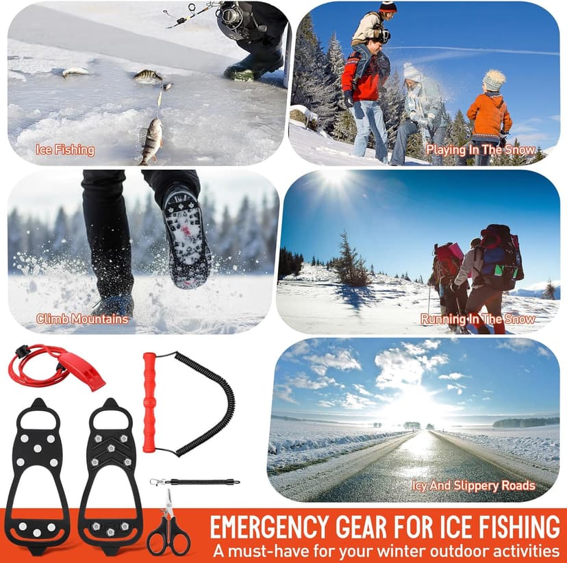 Gulfmew Ice Fishing Safety Kit, Durable Emergency Gear with Compact Ice Picks, One Pair of 8 Tooth Creepers for Boots, Whistle with Reflective Strips and Spring Line Cutting Scissors