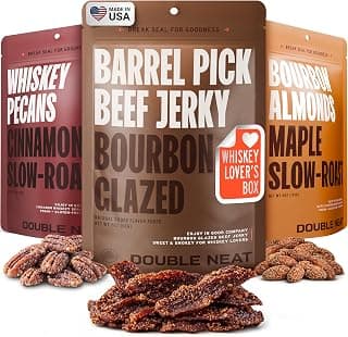 Double Neat Bourbon Flavored Snacks Variety Pack | Snacks Gifts for Men | Bourbon Glazed Beef Jerky, Cinnamon Whiskey Pecans, Almonds | Gift for Whiskey Lovers Men | 10oz, 3 Pack B0GGHN7KTL