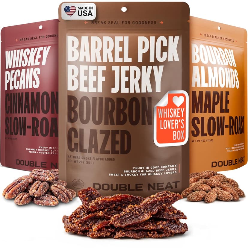 Double Neat Bourbon Flavored Snacks Variety Pack | Snacks Gifts for Men | Bourbon Glazed Beef Jerky, Cinnamon Whiskey Pecans, Almonds | Gift for Whiskey Lovers Men | 10oz, 3 Pack B0GGHN7KTL