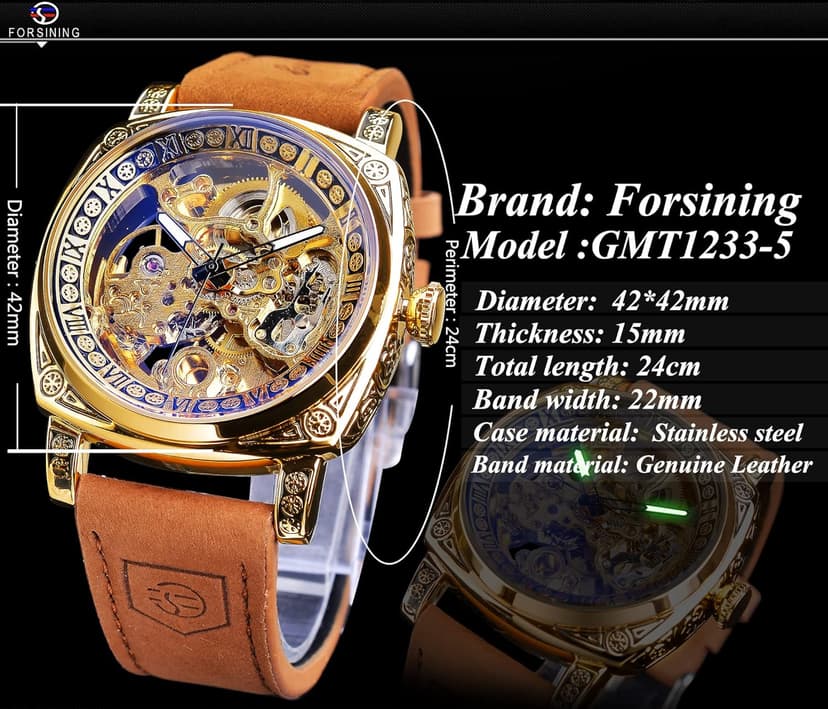 FORSINING Watches for Man, Square Retro Mechanical Watch Self-Wind Carved, Skeleton Automatic Watches Vintage Leather Strap Wristwatch