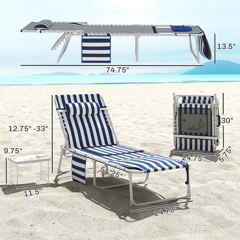 Outsunny Tanning Chair with Face Hole, Side Table, 5-Position Reclining Folding Chaise Lounge Chair Outdoor Lounger Recliner, Carry Straps for Beach Pool Camp, Oxford Fabric, Blue and White