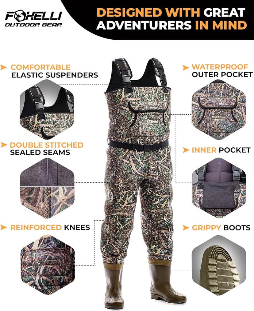 Foxelli Chest Waders, Waterproof 4mm Neoprene Hunting & Fishing Waders for Men & Women with Boots