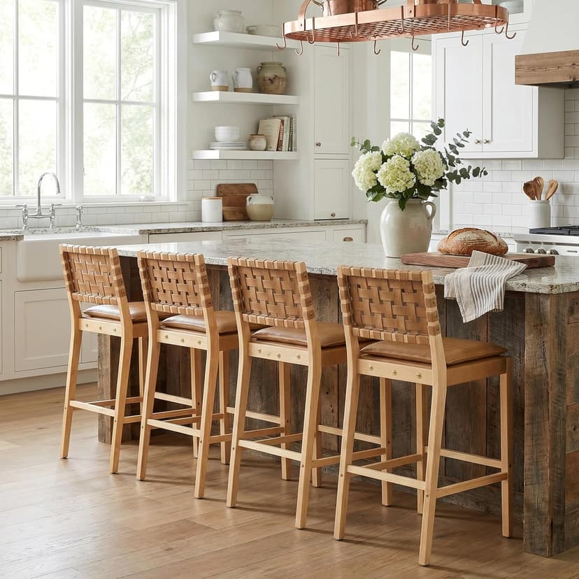 Merax Rattan Counter Height Bar Stools with PU Cushion Set of 4, 29" Seat Height Counter Chairs with Solid Wood Frame & Rattan Backrest, Boho Style Barstools for Kitchen Island, Brown
