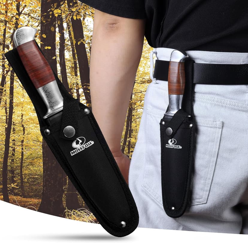 Mossy Oak Fixed Blade Bowie Knife, 2-piece Hunting Knife with Leather Handle Featuring Laser Pattern, Sheath Included