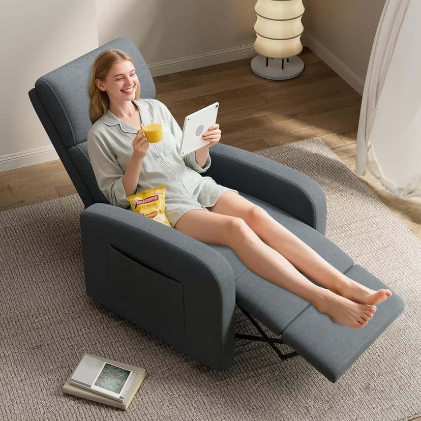 GarveeHome Linen Fabric Manual Recliner Chair, with Side Pocket, High Backrest, Thick Cushion, Adjustable Push Back Recliner,Cozy Lounge Chair for Living Room, Home Theater, Bedroom, Dark Gray