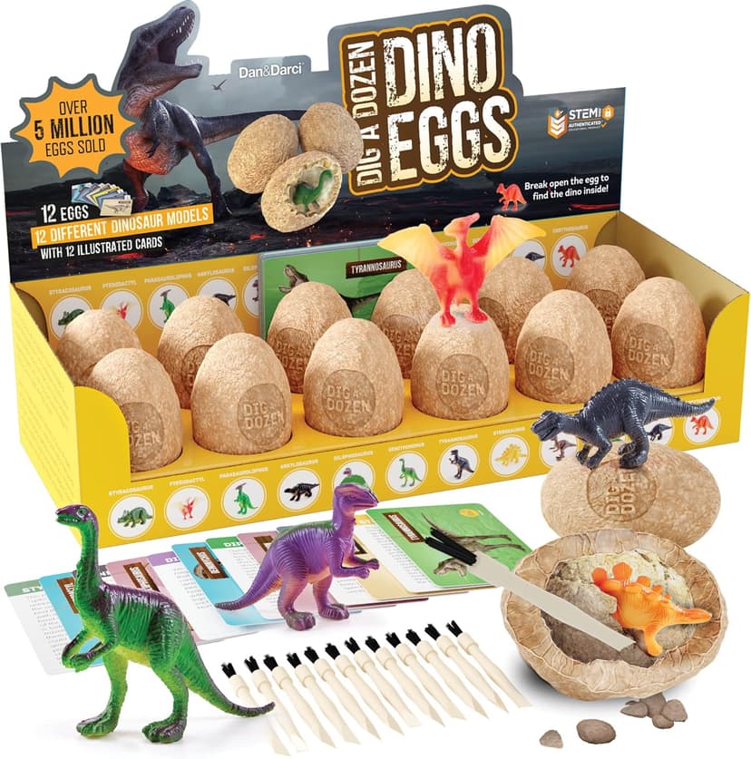 Dan&Darci Dig a Dozen Dino Egg Kit for Kids - Dinosaur Toys Gift 3-12 Year Old - 12 Eggs & Surprise Dinosaurs - Basket Stuffers - Science STEM Activities - Boy Toy Party Gifts for Boys & Girls