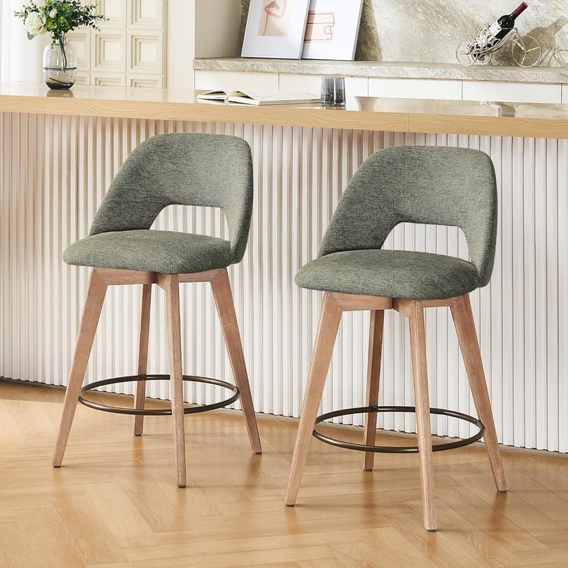 Zesthouse Swivel Farmhouse Bar Stools Set of 4, 26" Modern Counter Stools with Open Back & Natural Wood Legs, Upholstered Linen Fabric Counter Height Barstools, High Chairs for Island Kitchen, Green