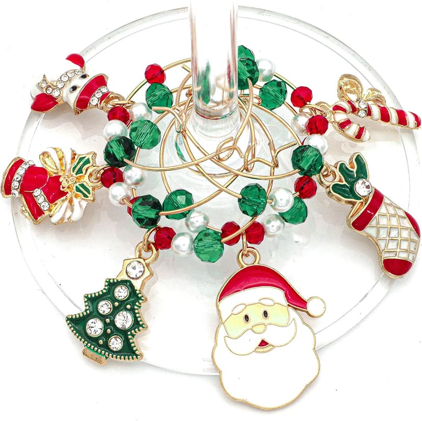 Christmas Wine Glass Charms, Christmas Hostess Gift, Christmas Table Decor, Stockings Stuffer, Set of 6 Gold Enamel Charms, Christmas Tree, Santa Claus, Candy Cane, Snowman
