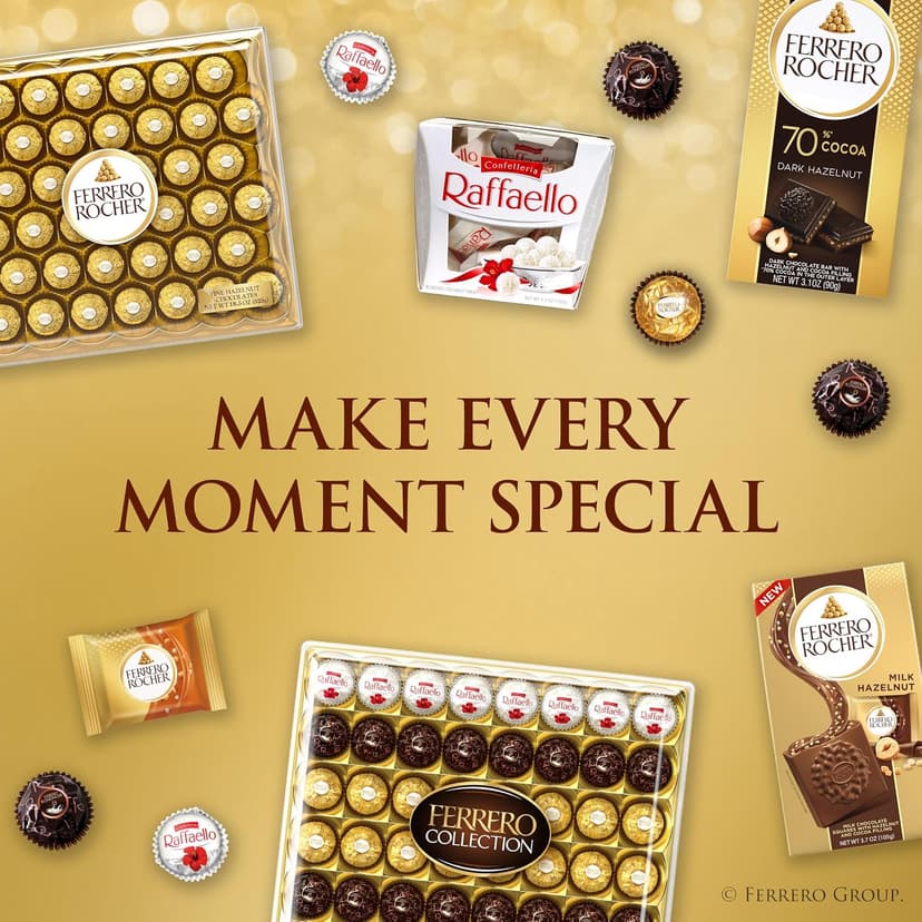 Individually wrapped hazelnut chocolate, gourmet chocolate candy for gifting a sweet treat or snacking Ferrero Rocher Chocolate, Hazelnut Milk Chocolates, 12 Ct, 5.3 oz B000WH2HCA