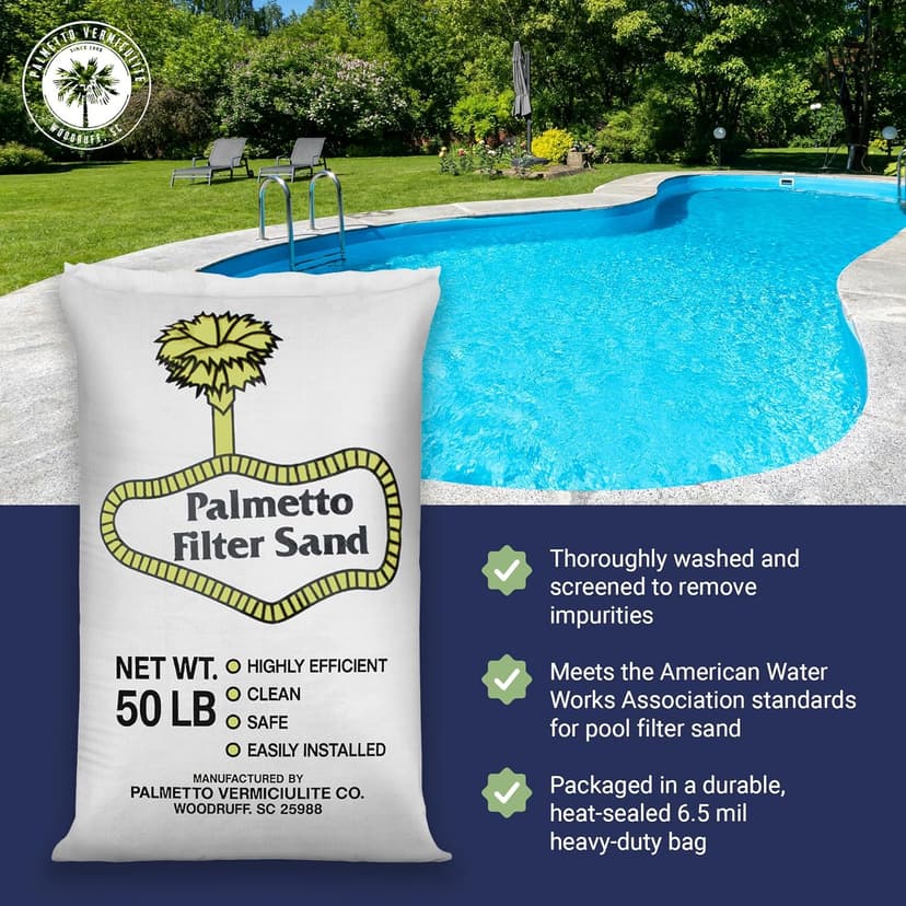 Palmetto Swimming Pool Filter Sand, 50 lb Bag – Natural Silica for Residential & Commercial Filtration Pump Systems – Screens Leaves, Oils, Dust & Hair for Clean and Clear Water