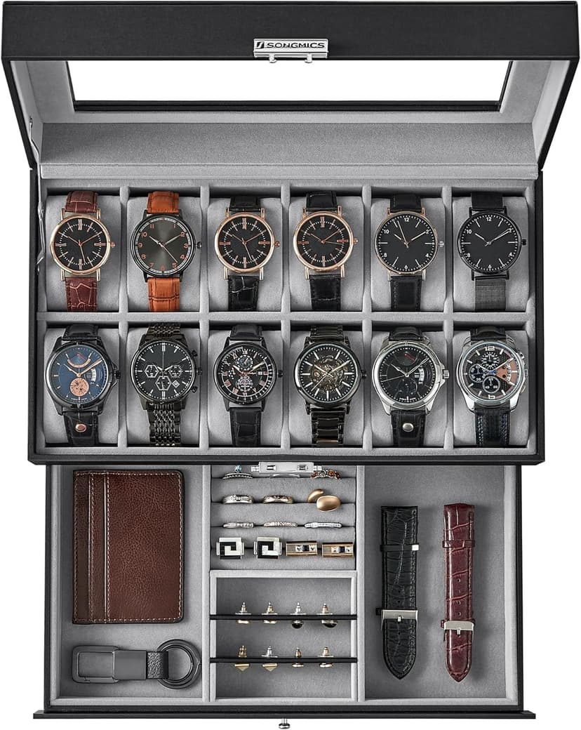 SONGMICS SONGMICS Watch Box, 12-Slot Watch Case Organizer with Large Glass Lid, 2 Layers, Removable Pillows, Metal Lock, Gift for Loved Ones, Black Synthetic Leather, Gray Lining UJWB012