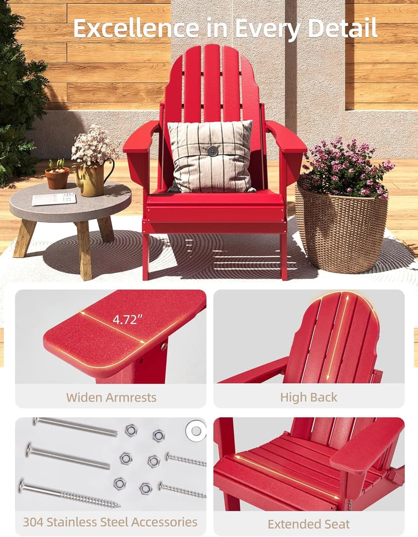 BUPPLEE Folding Adirondack Chair, 450 LBS Heavy Duty HDPE Poly Lumber Fire Pit Chair for Outside, All-Weather Resistant Plastic Adirondack Chairs for Patio, Garden, Deck & Backyard, Red