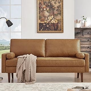 HIFIT 68" Faux Leather Couch Mid Century Modern Sofa Couch w/Tufted Deep Love Seat, 2 Pillows & Solid Wood Frame, Home Sofa Living Room Small Couches for Small Space, Bedroom, Office, Apartment, Brown