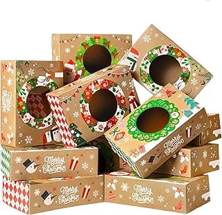 JOYIN 12PCS Christmas Cookie Boxes for Gift Giving, 8.75" x 5.75" x 2.75" Xmas Holiday Bakery Treat Boxes with Window, Kraft Cookie Tin Container Box for Baked Goods, Cupcake, Pastry, Candy, Brownies