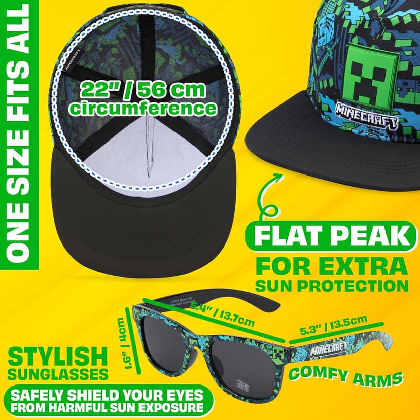 Spongebob | Minecraft | Fortnite | Super Mario | Kids Baseball Cap & Sunglasses with UV Protection, Gifts for Boys