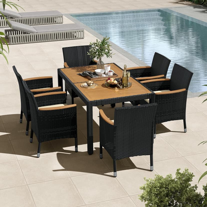 Yaheetech 7 Piece Patio Furniture Set, Outdoor Dining Acacia Wood Table Top Rattan Conversation Set with Soft Cushions, 6 Chairs & 1 Table for Backyard, Deck, Garden & Yard, Black/Beige