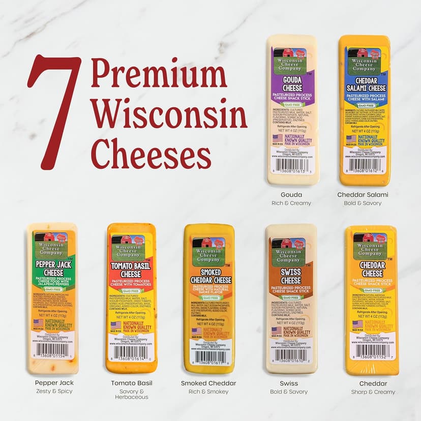 Wisconsin Cheese Company - Specialty 100% Wisconsin Cheese Block Assortment Sampler - (Pack of 7 Blocks) Cheddar, Pepper Jack, Swiss, Gouda, Salami, Smoked Cheddar & Tomato Basil | Locally Sourced | Perfect for Parties, Charcuterie Boards and Birthday Gifts | Great Birthday Gift for Cheese Lovers