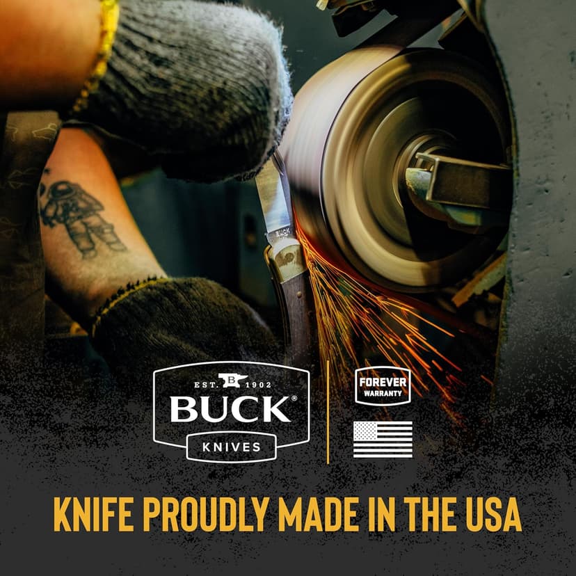 Buck Knives 110 Folding Hunter Knife, 3-3/4" Blade, Lockback Design, Ebony Handle, Brass Bolsters, 420HC Stainless Steel Clip Point Blade, Sheath Included, Hunting Knife Made in the USA, 7.2 oz