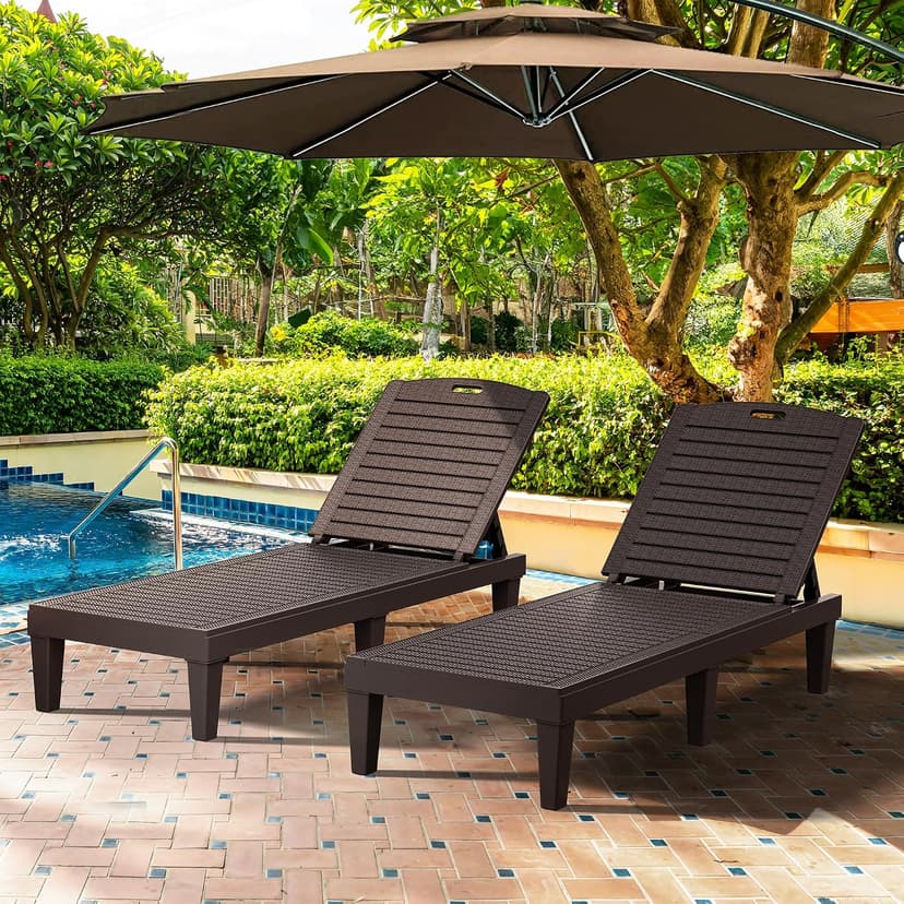 YITAHOME Outdoor Chaise Lounge Chair, Plastic Pool Chaise Lounge with 5-Position Backrest, Easy Assembly & Waterproof for Patio & Poolside, Set of 2, Brown