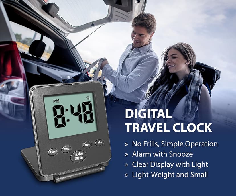 Digital Travel Alarm Clock - No Bells, No Whistles, Simple Basic Operation, Loud Alarm, Snooze, Small and Light, ON/Off Switch, 2 AAA Battery Powered, Black